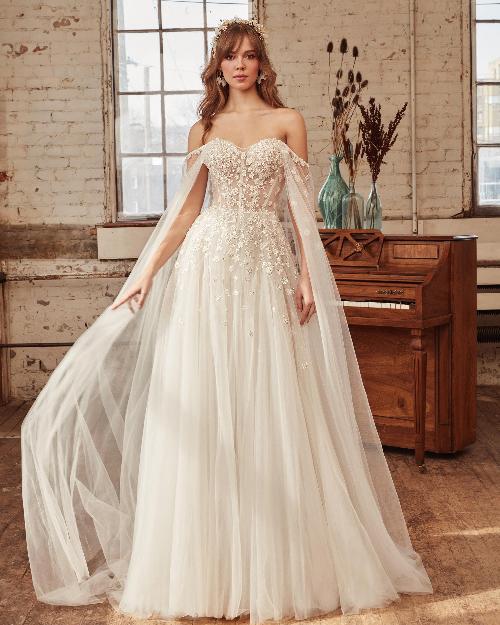 La21227 a line tulle wedding dress with cape sleeves or strapless neckline 1